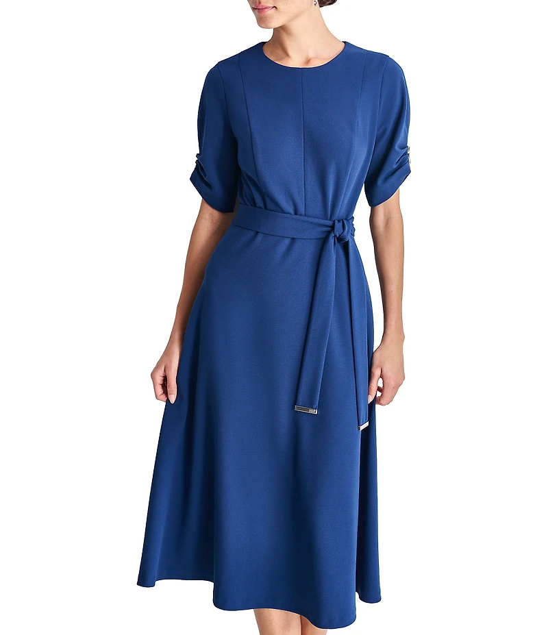 DKNY by Donna Karan Knit Round Neck Short Ruched Sleeve Tie Waist Midi Dress