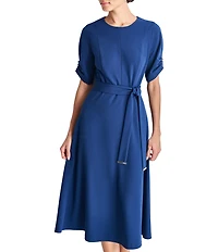 DKNY by Donna Karan Knit Round Neck Short Ruched Sleeve Tie Waist Midi Dress