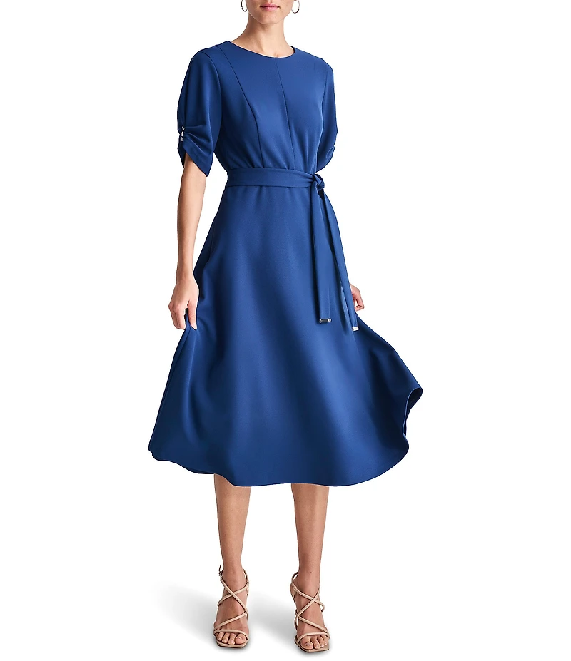 DKNY by Donna Karan Knit Round Neck Short Ruched Sleeve Tie Waist Midi Dress
