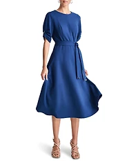 DKNY by Donna Karan Knit Round Neck Short Ruched Sleeve Tie Waist Midi Dress