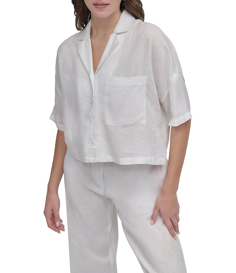 DKNY by Donna Karan Linen Notch Collar Short Sleeve Chest Pocket Button-Front Draped Hem Blouse