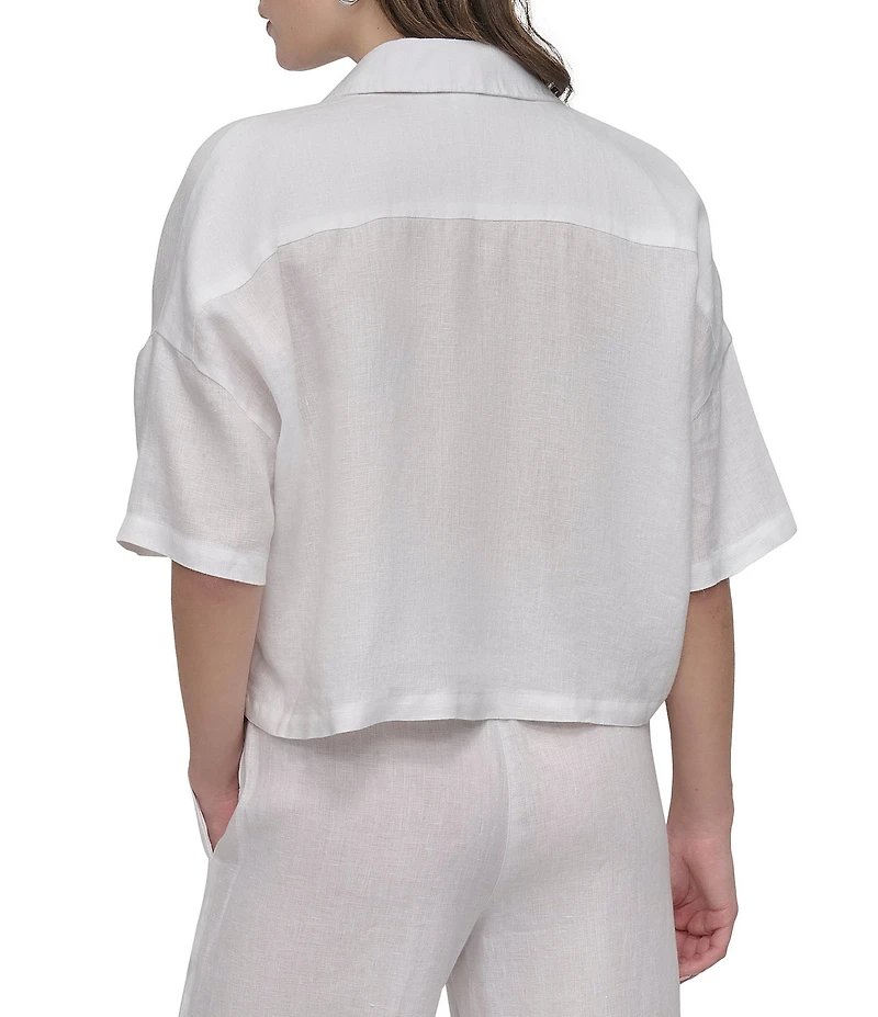 DKNY by Donna Karan Linen Notch Collar Short Sleeve Chest Pocket Button-Front Draped Hem Blouse