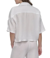 DKNY by Donna Karan Linen Notch Collar Short Sleeve Chest Pocket Button-Front Draped Hem Blouse