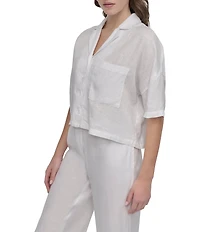 DKNY by Donna Karan Linen Notch Collar Short Sleeve Chest Pocket Button-Front Draped Hem Blouse