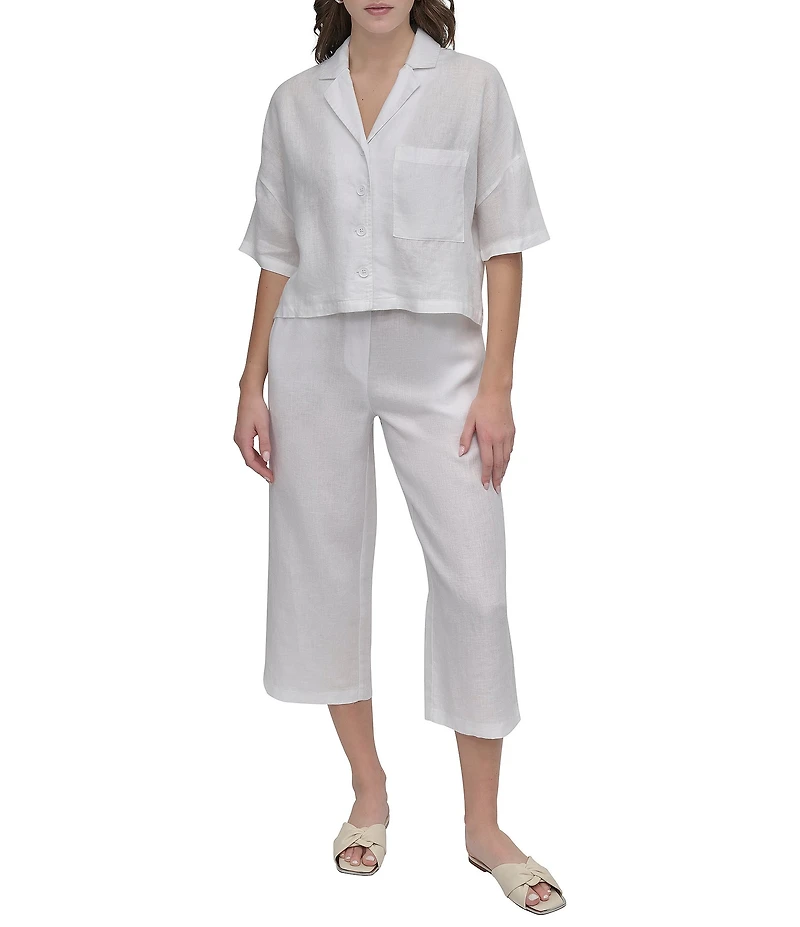 DKNY by Donna Karan Linen Notch Collar Short Sleeve Chest Pocket Button-Front Draped Hem Blouse