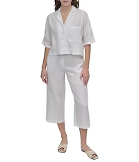 DKNY by Donna Karan Linen Notch Collar Short Sleeve Chest Pocket Button-Front Draped Hem Blouse