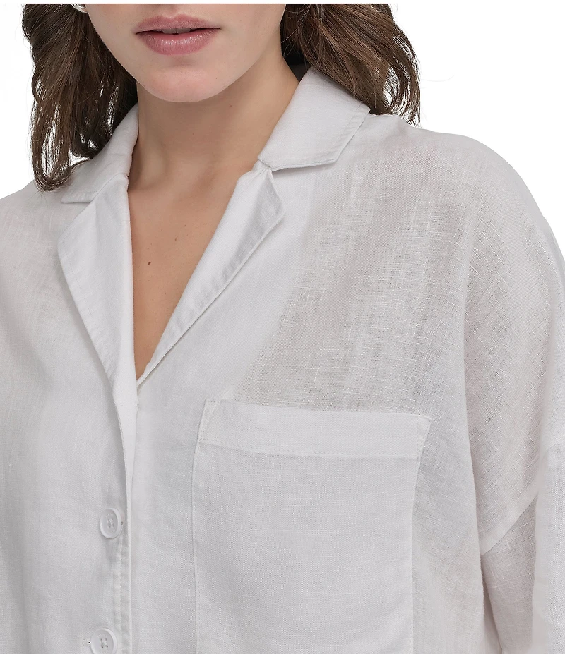 DKNY by Donna Karan Linen Notch Collar Short Sleeve Chest Pocket Button-Front Draped Hem Blouse