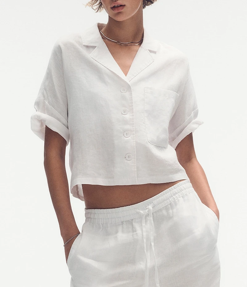 DKNY by Donna Karan Linen Notch Collar Short Sleeve Chest Pocket Button-Front Draped Hem Blouse