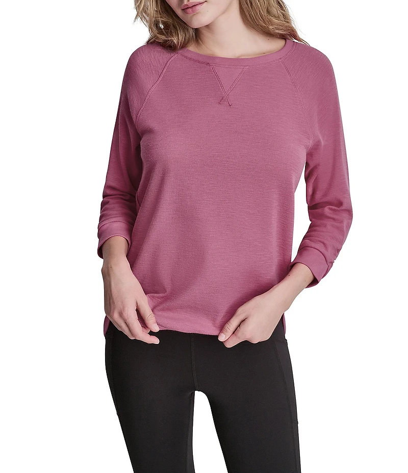 DKNY Sport by Donna Karan Mini Slub Waffle Knit Crew Neck 3/4 Ruched Sleeve Tee
