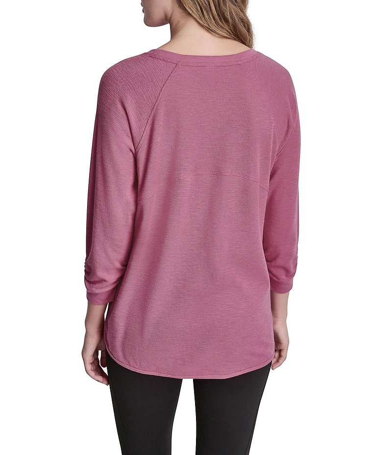 DKNY Sport by Donna Karan Mini Slub Waffle Knit Crew Neck 3/4 Ruched Sleeve Tee