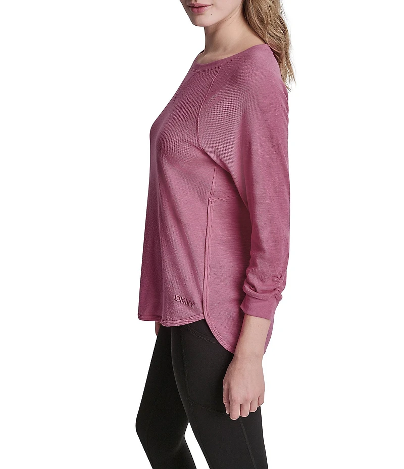 DKNY Sport by Donna Karan Mini Slub Waffle Knit Crew Neck 3/4 Ruched Sleeve Tee