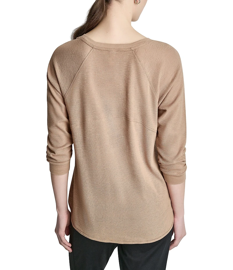 DKNY Sport by Donna Karan Mini Slub Waffle Knit Crew Neck 3/4 Ruched Sleeve Tee