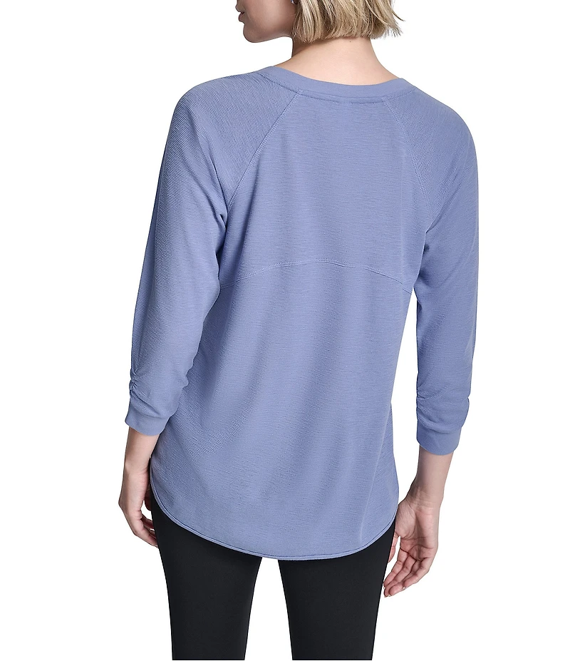 DKNY Sport by Donna Karan Mini Slub Waffle Knit Crew Neck 3/4 Ruched Sleeve Tee