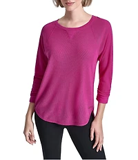 DKNY Sport by Donna Karan Mini Slub Waffle Knit Crew Neck 3/4 Ruched Sleeve Tee