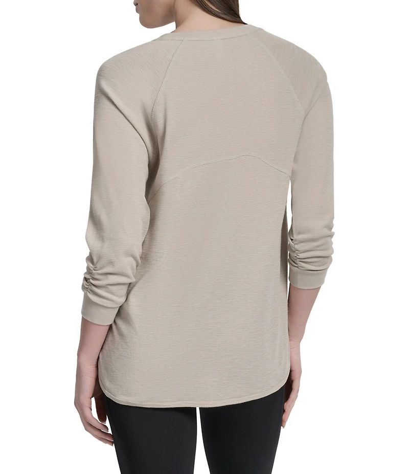 DKNY Sport by Donna Karan Mini Slub Waffle Knit Crew Neck 3/4 Ruched Sleeve Tee