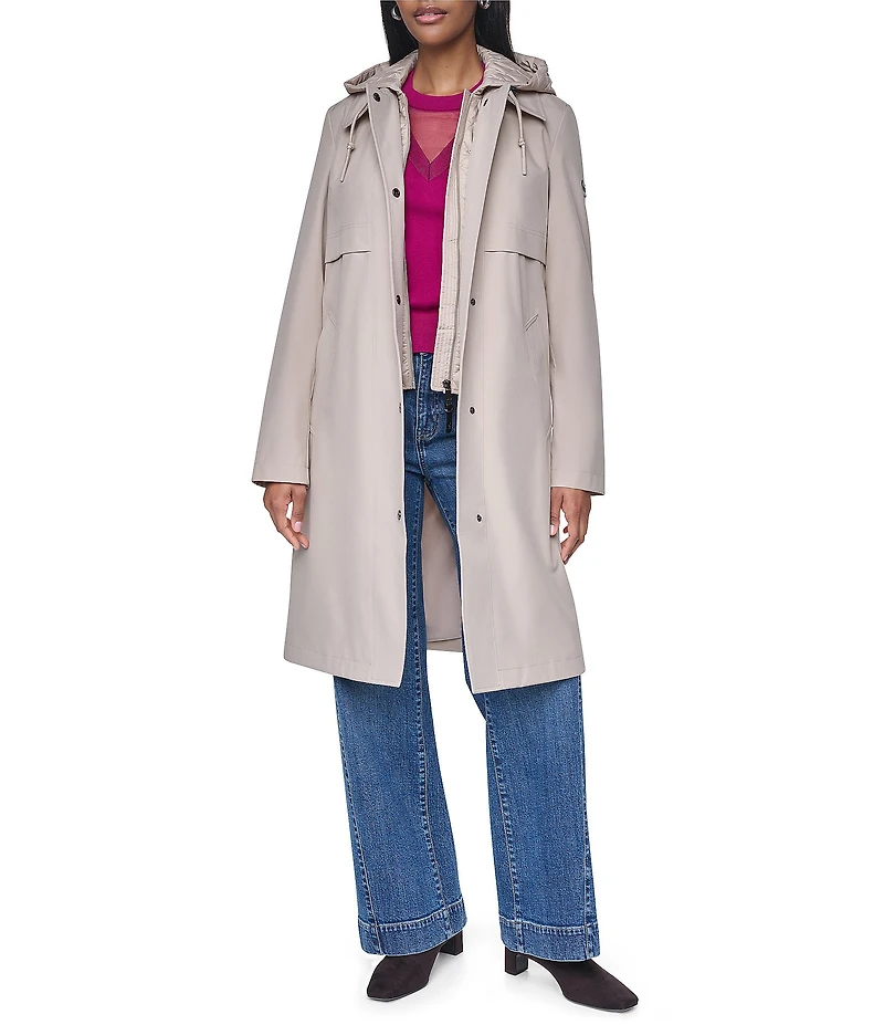 DKNY Mix Media Notch Collar Belted Snap Front Trench Coat