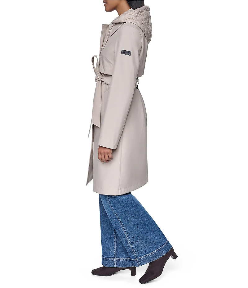 DKNY Mix Media Notch Collar Belted Snap Front Trench Coat