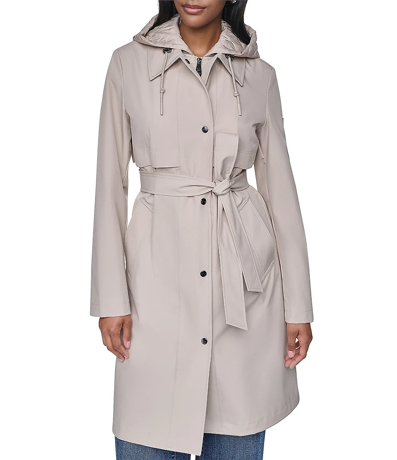 DKNY Mix Media Notch Collar Belted Snap Front Trench Coat