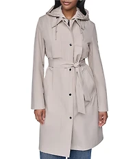 DKNY Mix Media Notch Collar Belted Snap Front Trench Coat