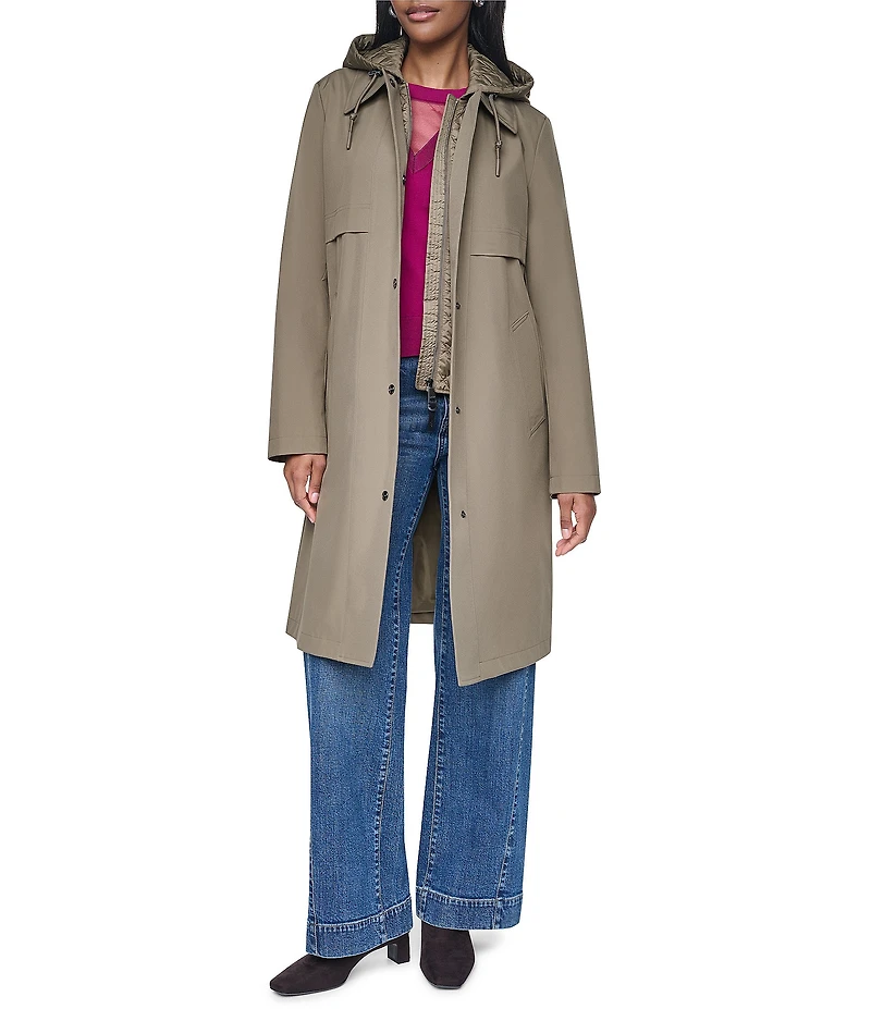 DKNY Mix Media Notch Collar Belted Snap Front Trench Coat
