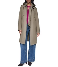 DKNY Mix Media Notch Collar Belted Snap Front Trench Coat