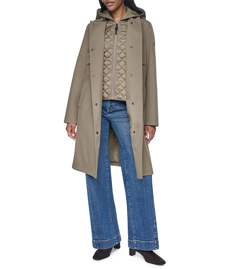 DKNY Mix Media Notch Collar Belted Snap Front Trench Coat