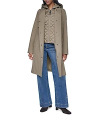 DKNY Mix Media Notch Collar Belted Snap Front Trench Coat