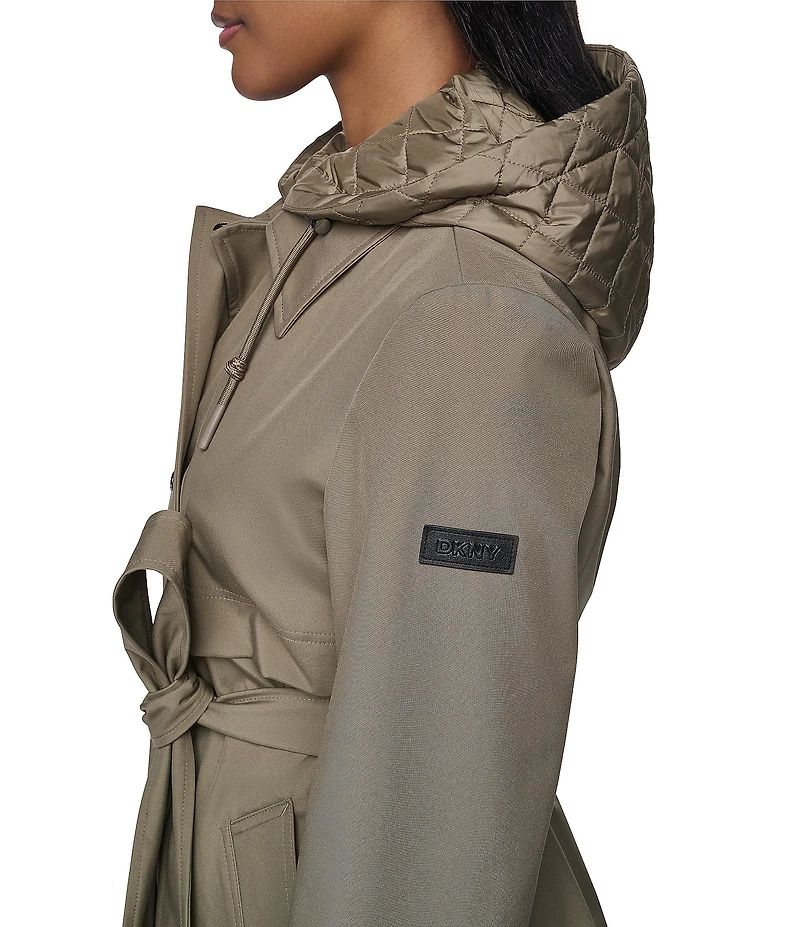 DKNY Mix Media Notch Collar Belted Snap Front Trench Coat