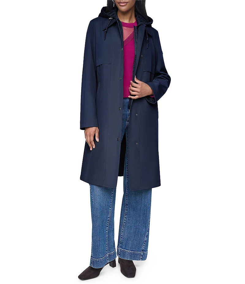 DKNY Mix Media Notch Collar Belted Snap Front Trench Coat