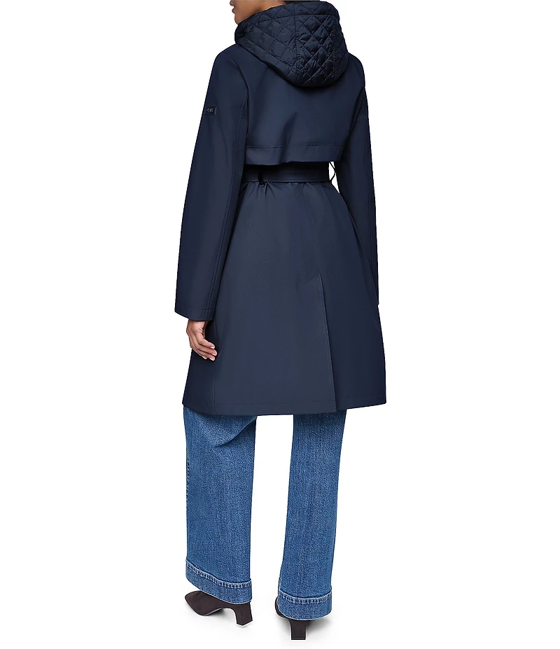 DKNY Mix Media Notch Collar Belted Snap Front Trench Coat