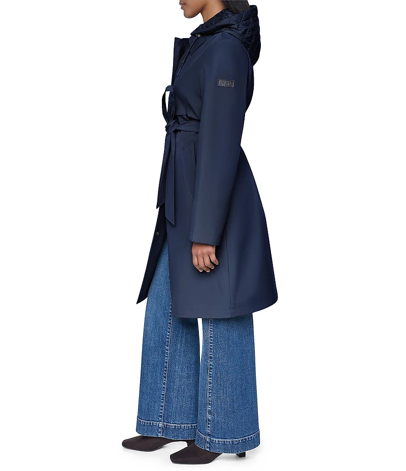 DKNY Mix Media Notch Collar Belted Snap Front Trench Coat