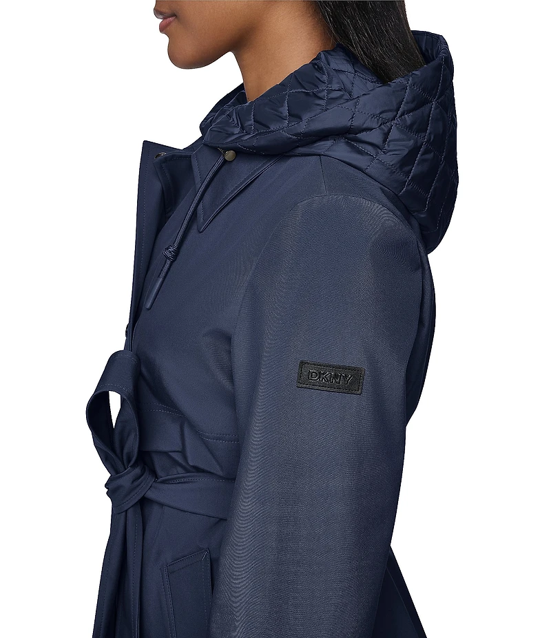 DKNY Mix Media Notch Collar Belted Snap Front Trench Coat