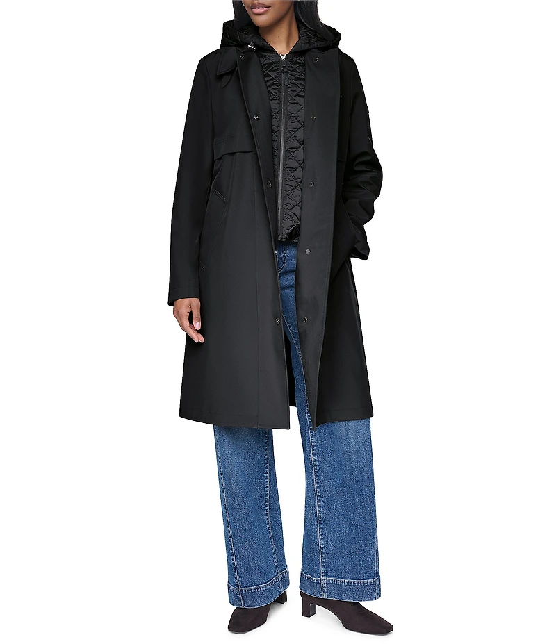 DKNY Mix Media Notch Collar Belted Snap Front Trench Coat