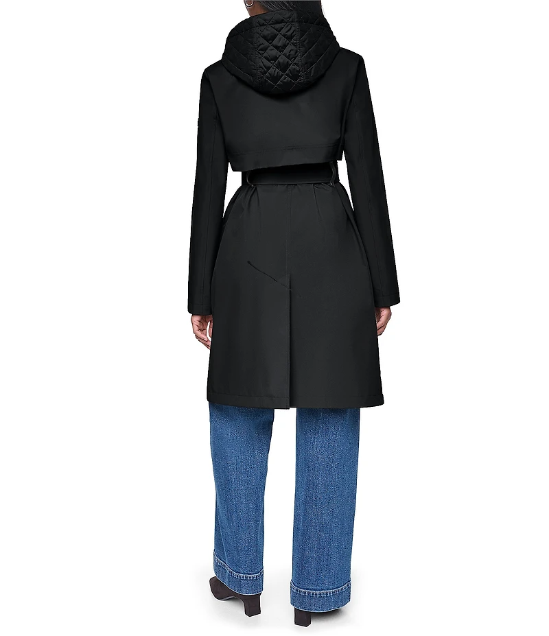 DKNY Mix Media Notch Collar Belted Snap Front Trench Coat