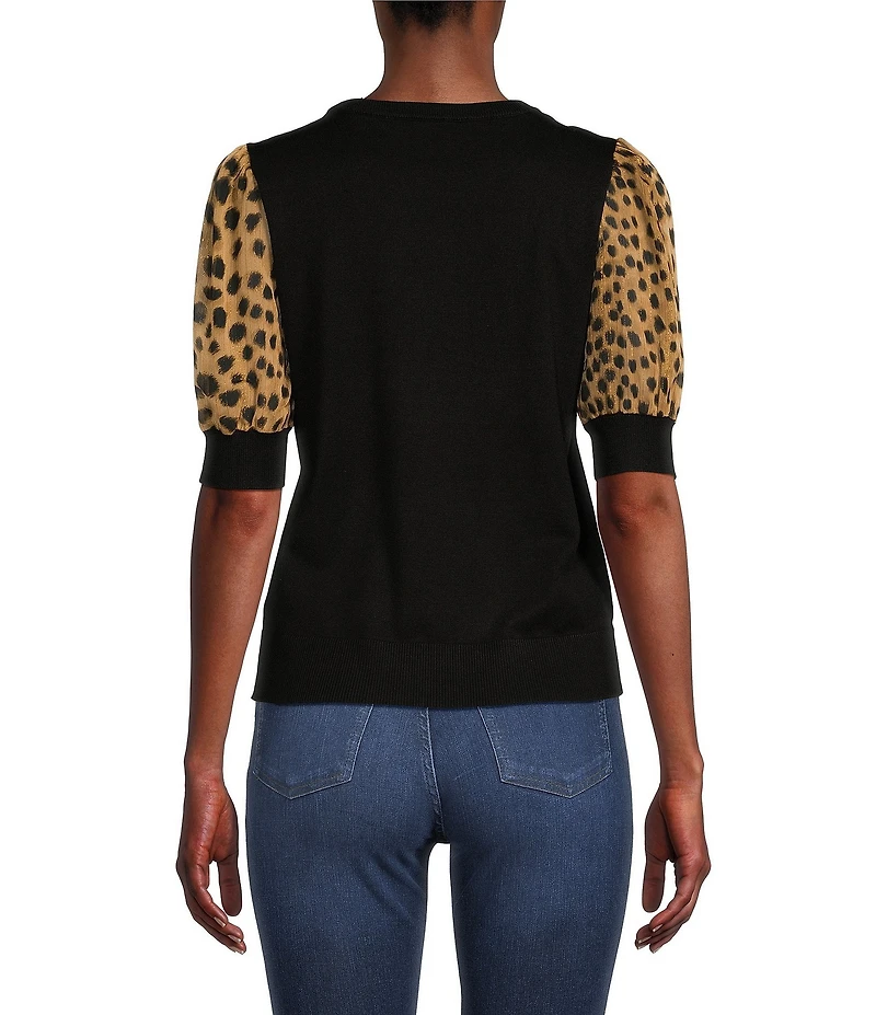 DKNY by Donna Karan Cheetah Print Short Puff Sleeve Knit Top