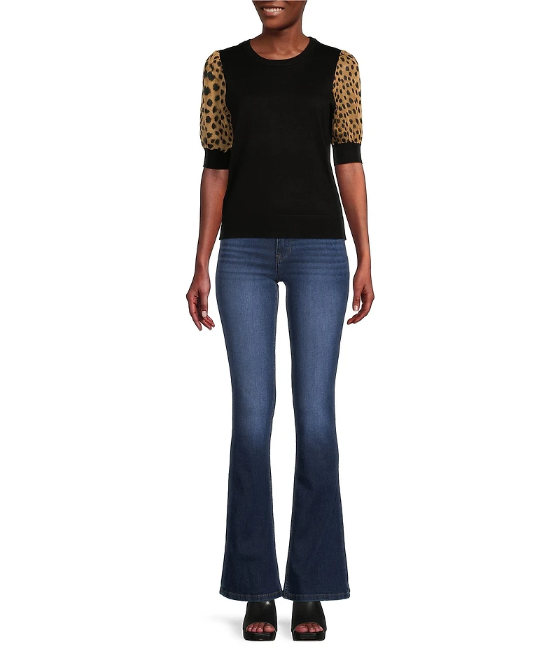 DKNY by Donna Karan Cheetah Print Short Puff Sleeve Knit Top