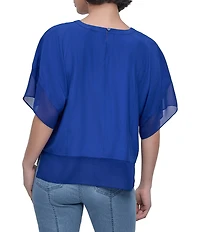 DKNY by Donna Karan Mixed Media Crew Neck Dolman Short Sleeve Top