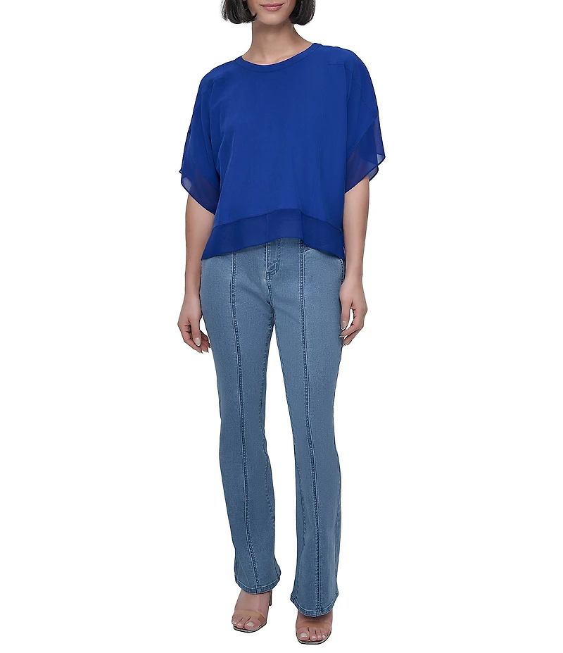 DKNY by Donna Karan Mixed Media Crew Neck Dolman Short Sleeve Top