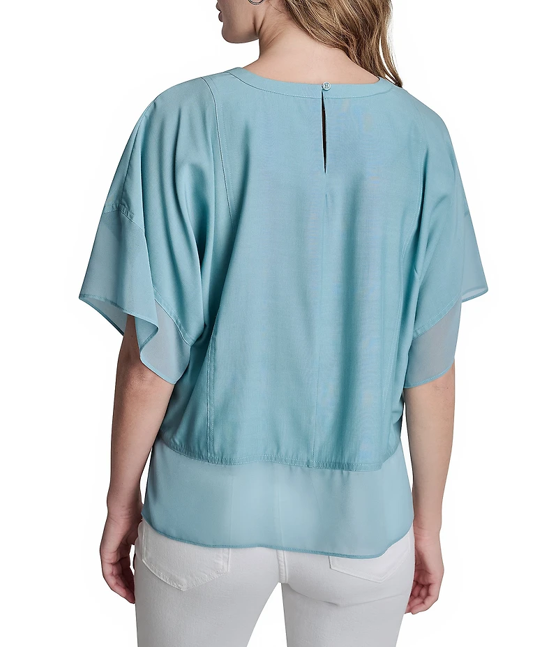 DKNY by Donna Karan Mixed Media Crew Neck Dolman Short Sleeve Top