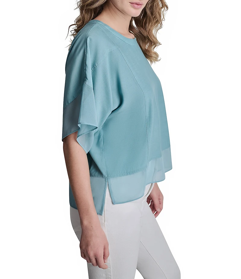 DKNY by Donna Karan Mixed Media Crew Neck Dolman Short Sleeve Top