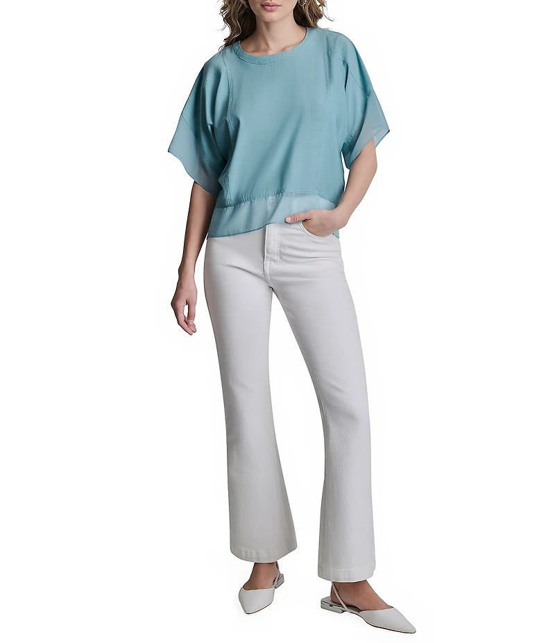 DKNY by Donna Karan Mixed Media Crew Neck Dolman Short Sleeve Top