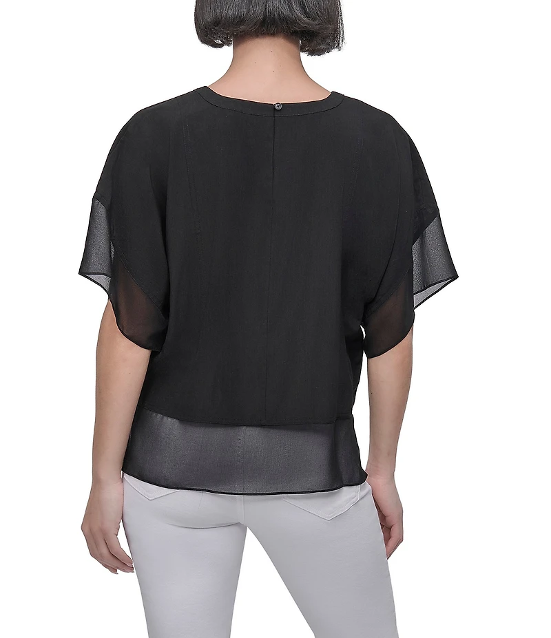 DKNY by Donna Karan Mixed Media Crew Neck Dolman Short Sleeve Top