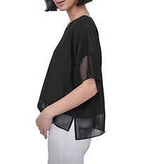 DKNY by Donna Karan Mixed Media Crew Neck Dolman Short Sleeve Top