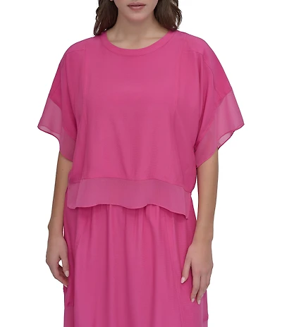 DKNY by Donna Karan Mixed Media Crew Neck Dolman Short Sleeve Top