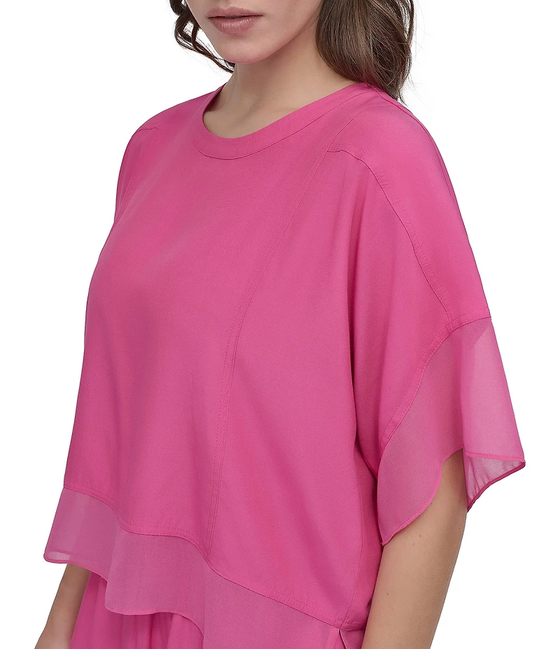 DKNY by Donna Karan Mixed Media Crew Neck Dolman Short Sleeve Top