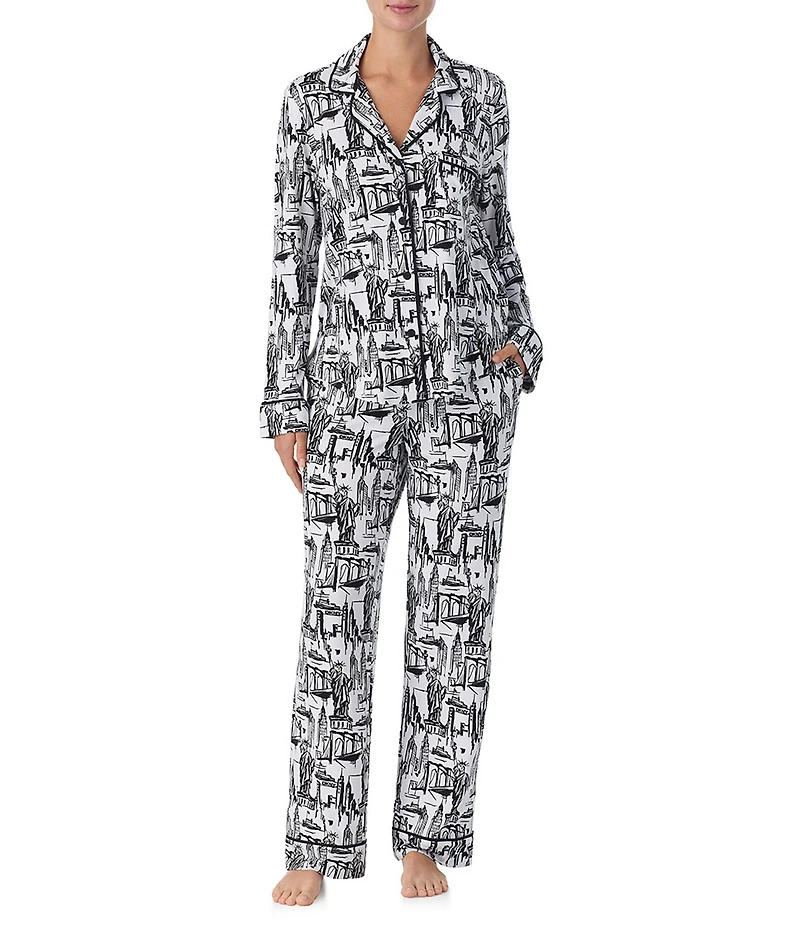 DKNY Novelty Print Long Sleeve Notch Collar Long Cozy Jersey Pajama Set
