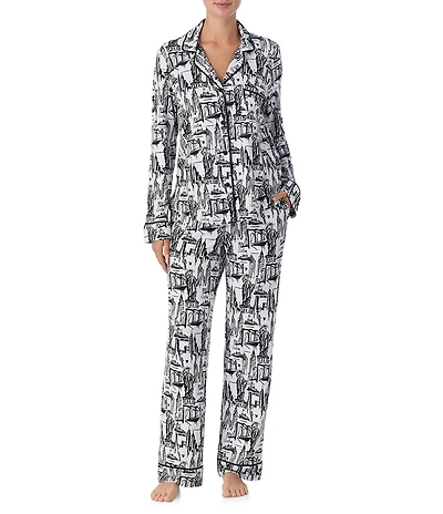 DKNY Novelty Print Long Sleeve Notch Collar Long Cozy Jersey Pajama Set