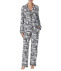 DKNY Novelty Print Long Sleeve Notch Collar Long Cozy Jersey Pajama Set