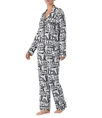 DKNY Novelty Print Long Sleeve Notch Collar Long Cozy Jersey Pajama Set
