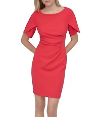 DKNY by Donna Karan Petite Size Short Tulip Sleeve Boat Neck Ruched Waist Sheath Dress